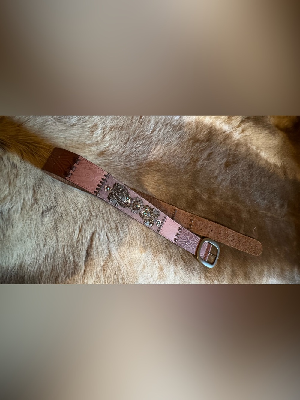Women's Brown Embossed Leather Belt with Decorative Studs